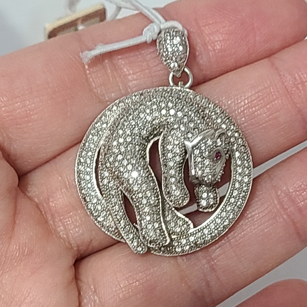 Mia Fiore Designer Sterling Silver Crystal Panther Jaguar Round Pendant Necklace